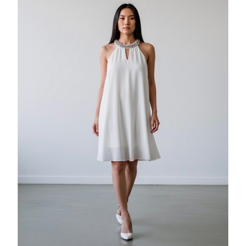 JJs House Beaded Halter Neck Sleeveless Dress Size Large White Chiffon Event